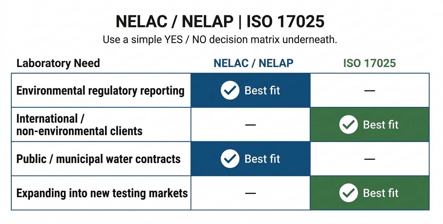 Visual decision framework comparing four laboratory needs and showing when NELAC/NELAP or ISO 17025 accreditation is appropriate
